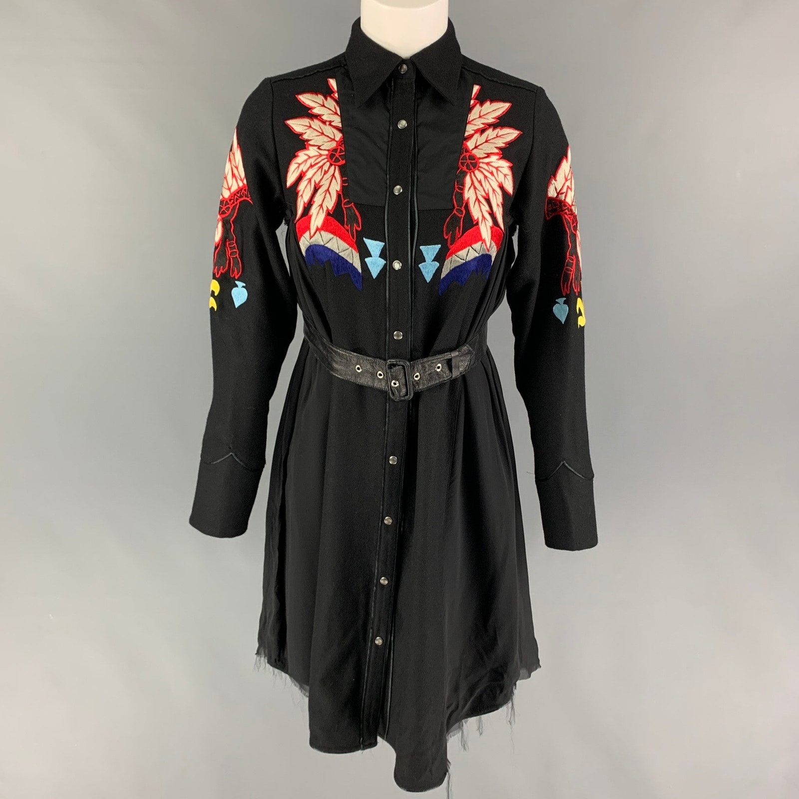 Christian Dada Size Xs Black Multi-Color Wool Embroidered Snaps Dress